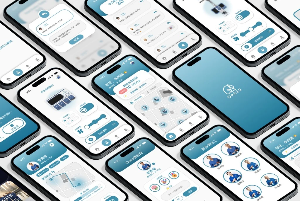 Oasis high-fidelity phone mockups — splash, map, controls, and messaging