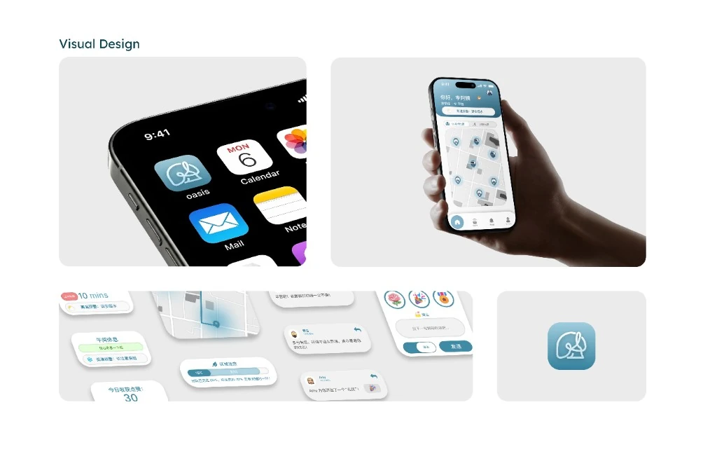 Oasis visual design — app icon, hand mockup, and UI components
